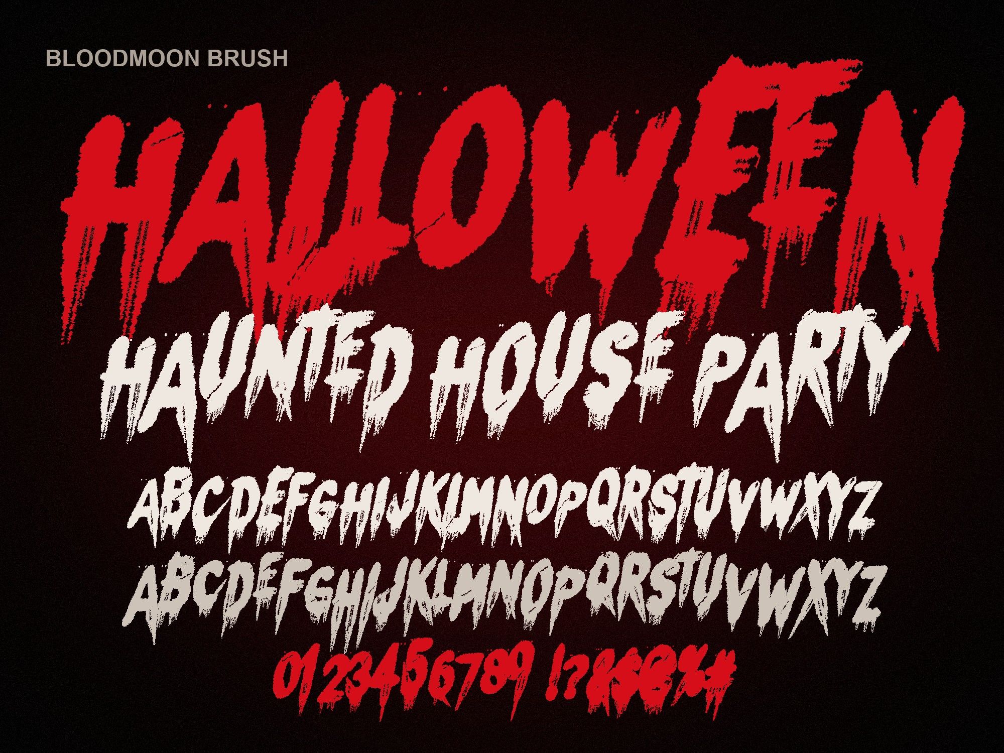 Dripping Blood Font: Bloodmoon Brush specimen with full alphabet