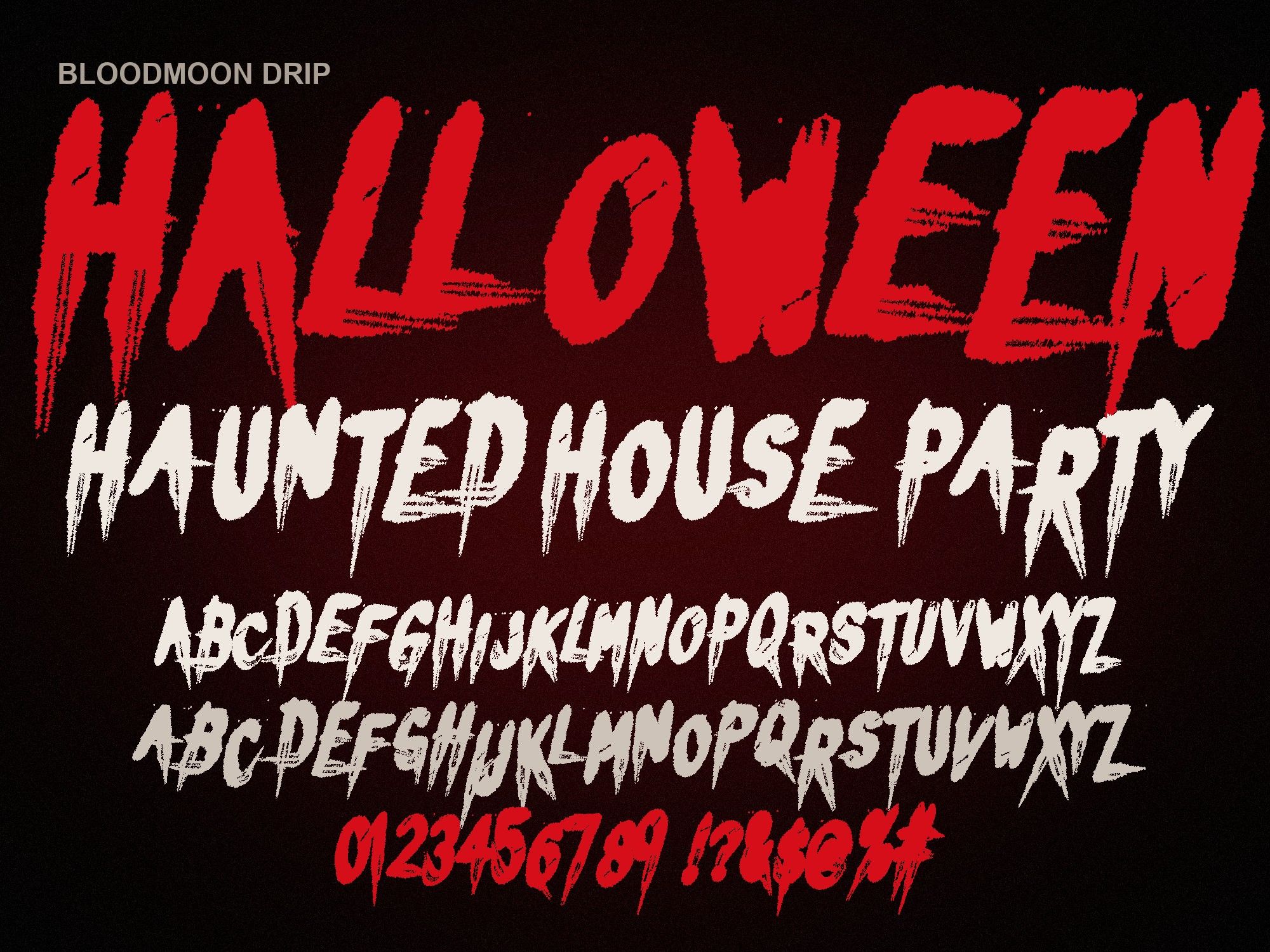 Bloody Dripping Letters Font: Bloodmoon Drip specimen with full alphabet