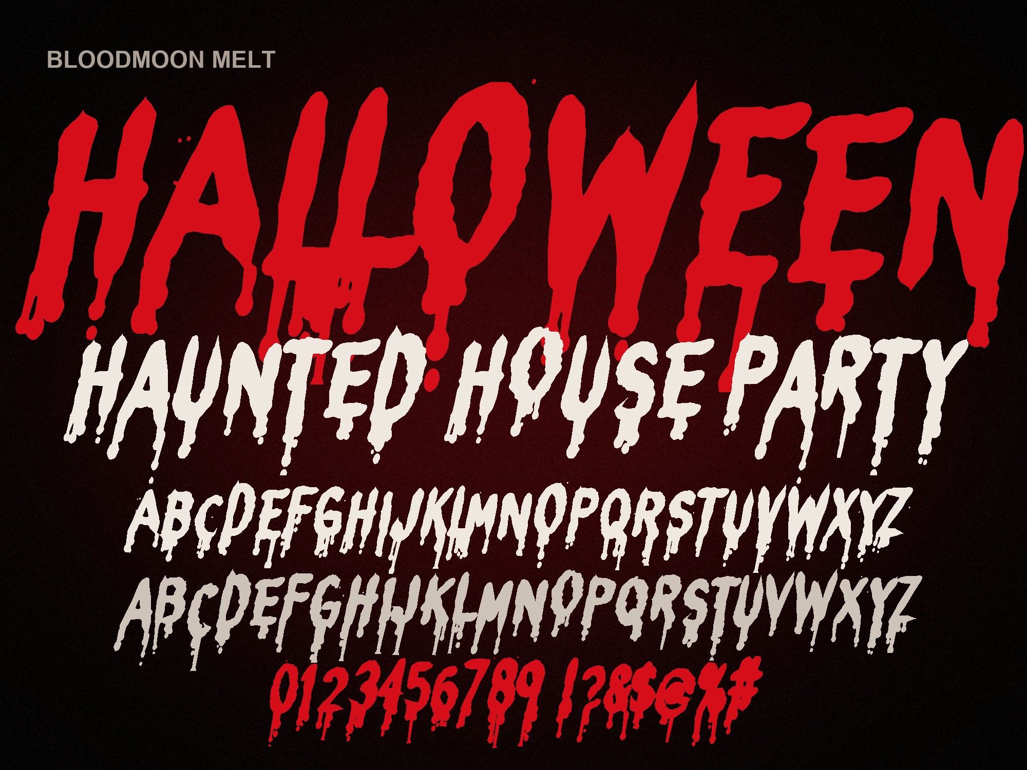 Melting Blood Font: Bloodmoon Melt specimen with full alphabet