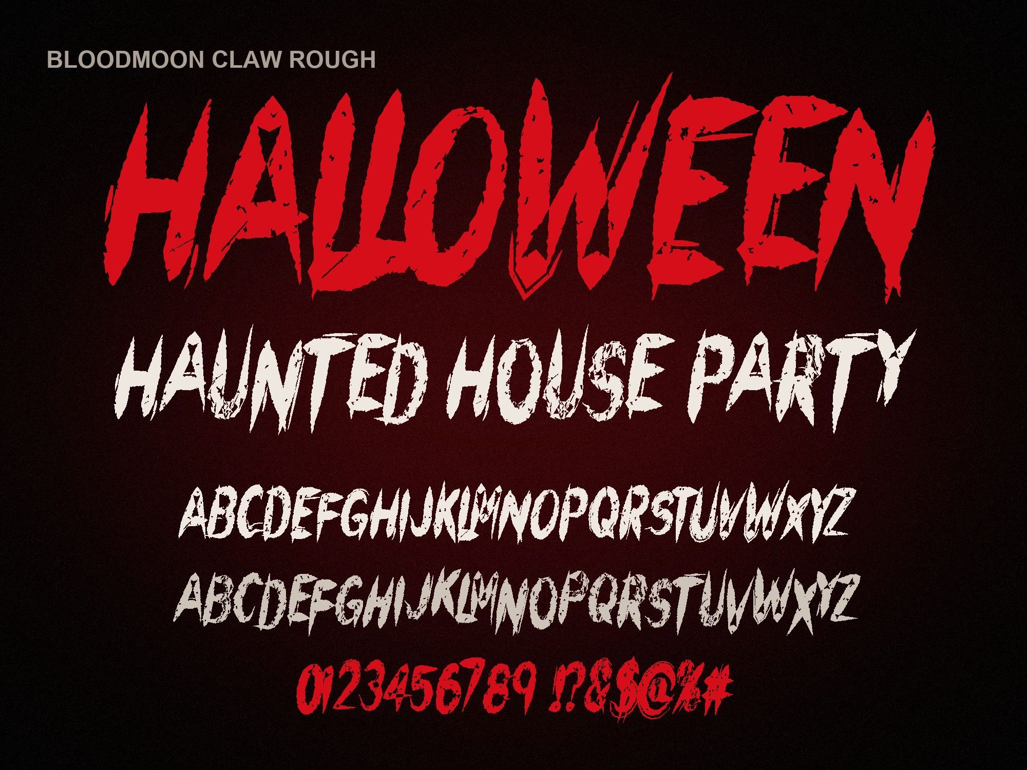 Distressed Scratch Font: Bloodmoon Claw Rough specimen with full alphabet