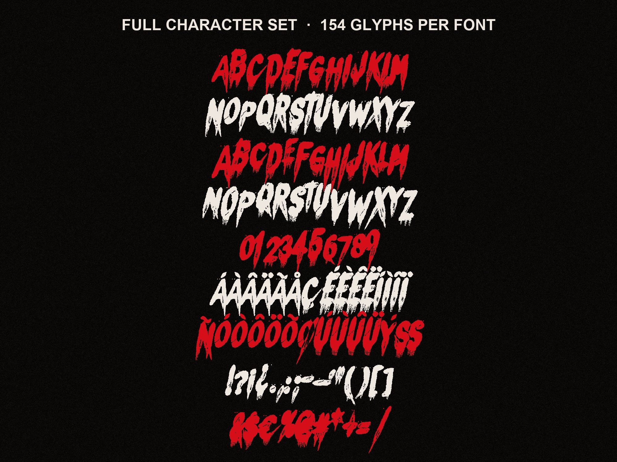 Horror Font Bundle full character set: capitals, alternates, numbers, accents and symbols