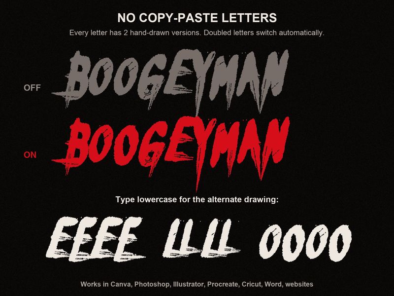 About Oddform Foundry: the word BOOGEYMAN with alternate letter drawings switched off and on