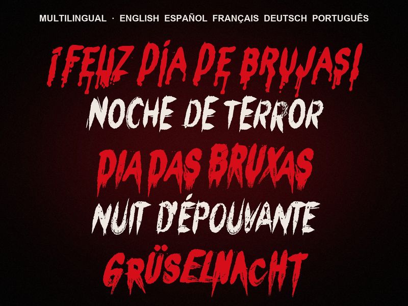Creepy font samples in five languages, including Noche de Terror and Nuit d'Epouvante, in Bloodmoon lettering